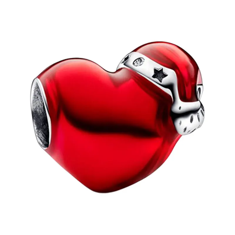 

Metallic Red Enamel Christmas Heart Charms Clear Zircons Cute Santa Hat 925 Sterling Silver Jewelry For Women DIY Bracelets Gift