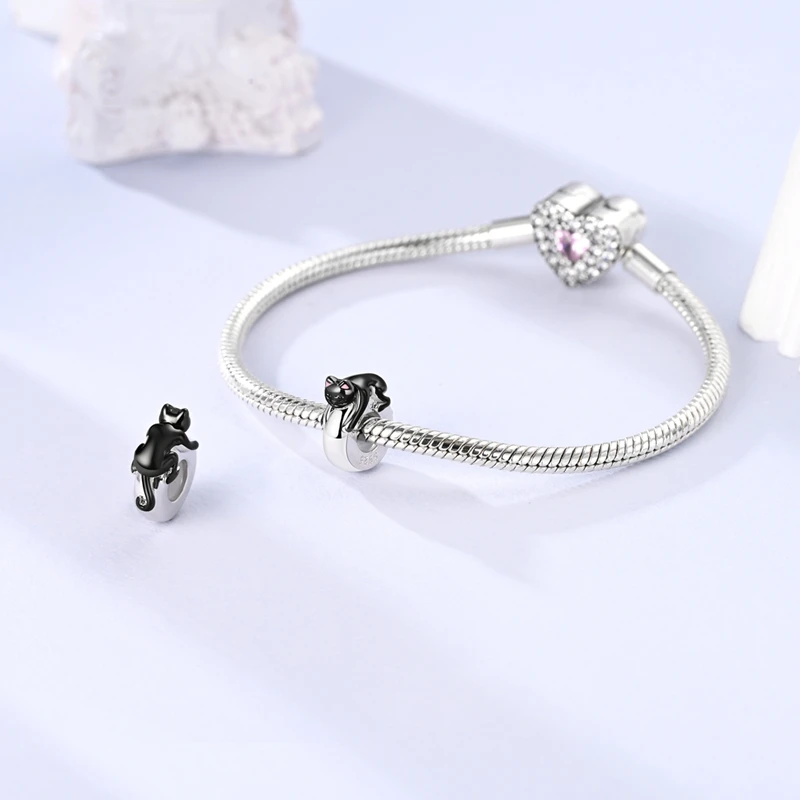 MULA 1PC 925 Silver Cute Black Cat Rubber Stopper Positioning Bead Fit Original Snake Chain Bracelet DIY Jewelry Gift For Women