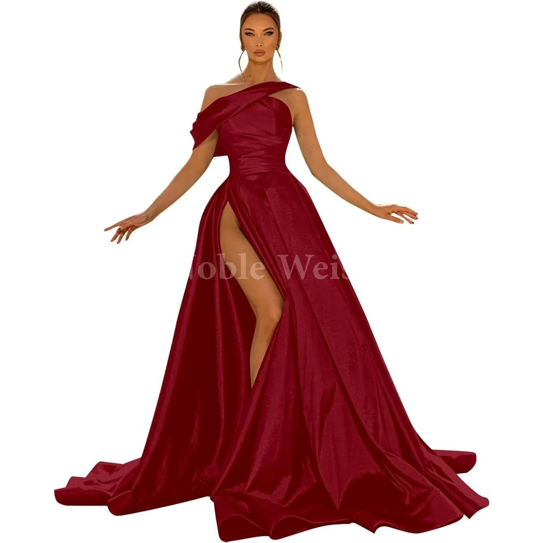 

One Shoulder Prom Dresses for Women Satin Long Ball Gown with Slit Pleat Formal Evening Dresses Customize