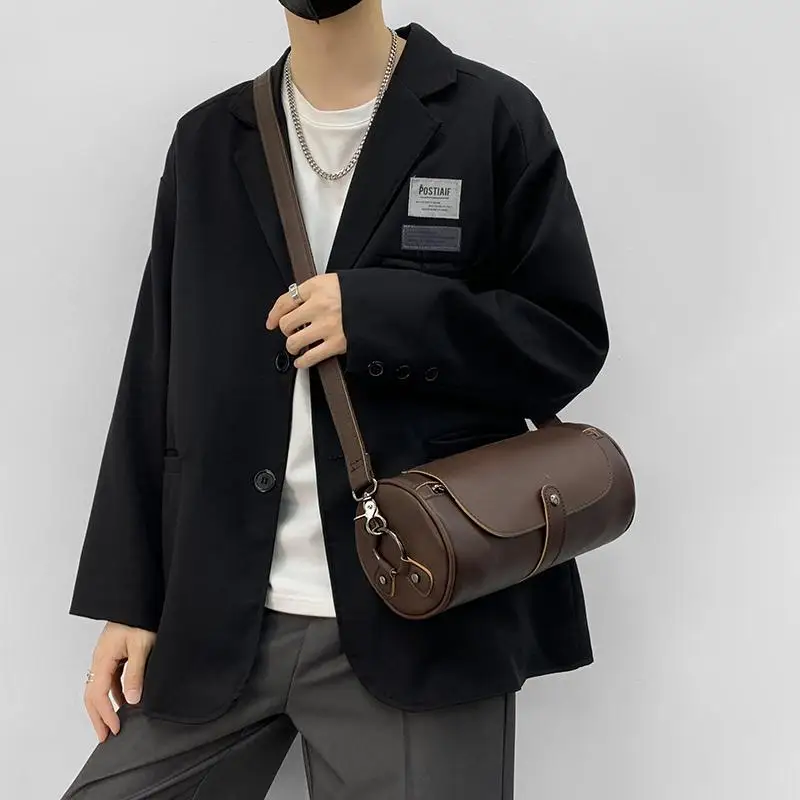 Fashion  High Quality Pu Leather Retro Bag Men\'s Single Shoulder Bag  Leather CrossBody Bag Leisure  Bag Round Body Bag