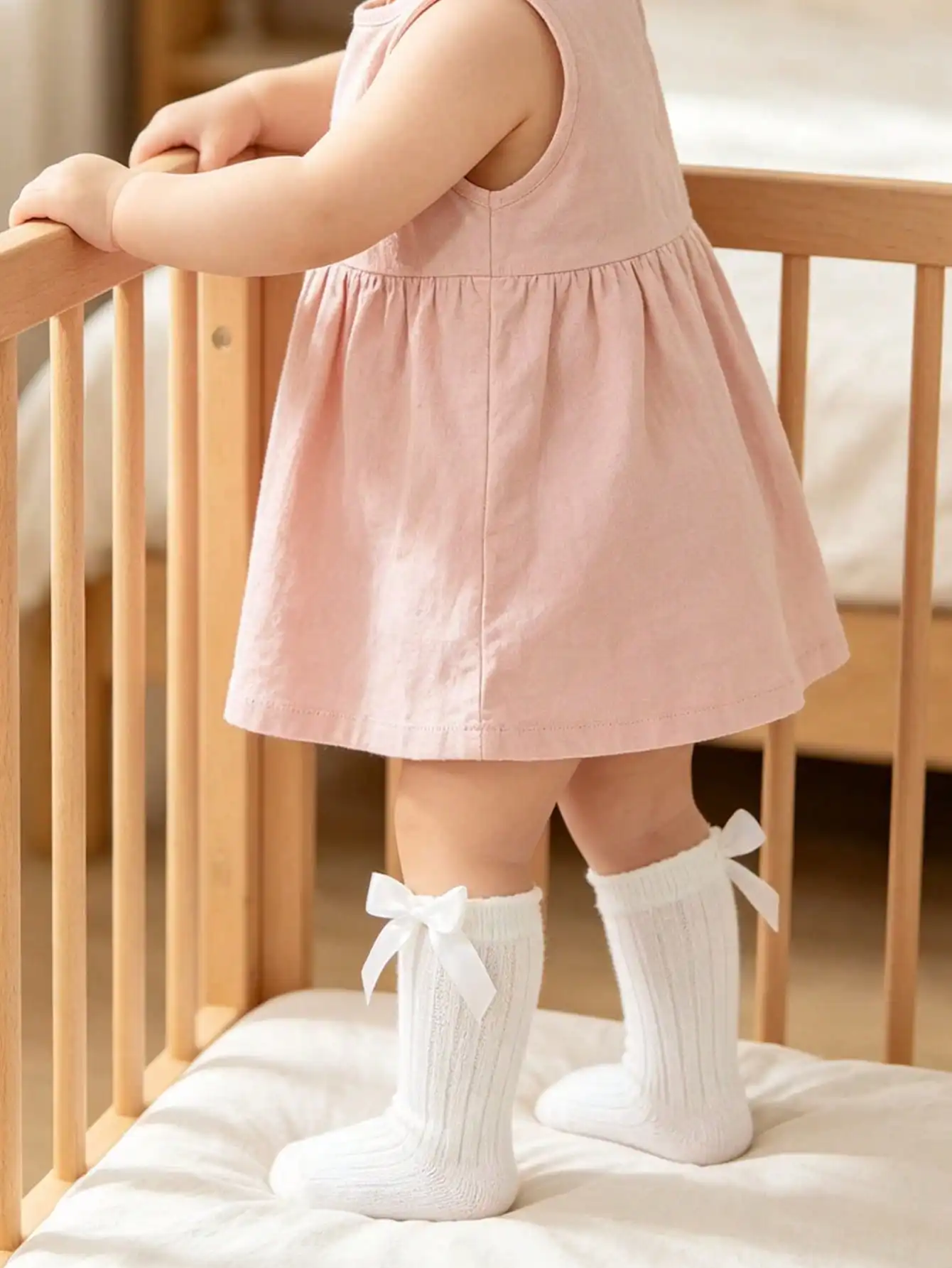 5 Pairs Baby Girls Mid‑Calf Socks 0‑3Y Bow Decor Soft Vertical Stripe Knit Princess Socks For Dress Matching Baby Shower Gift