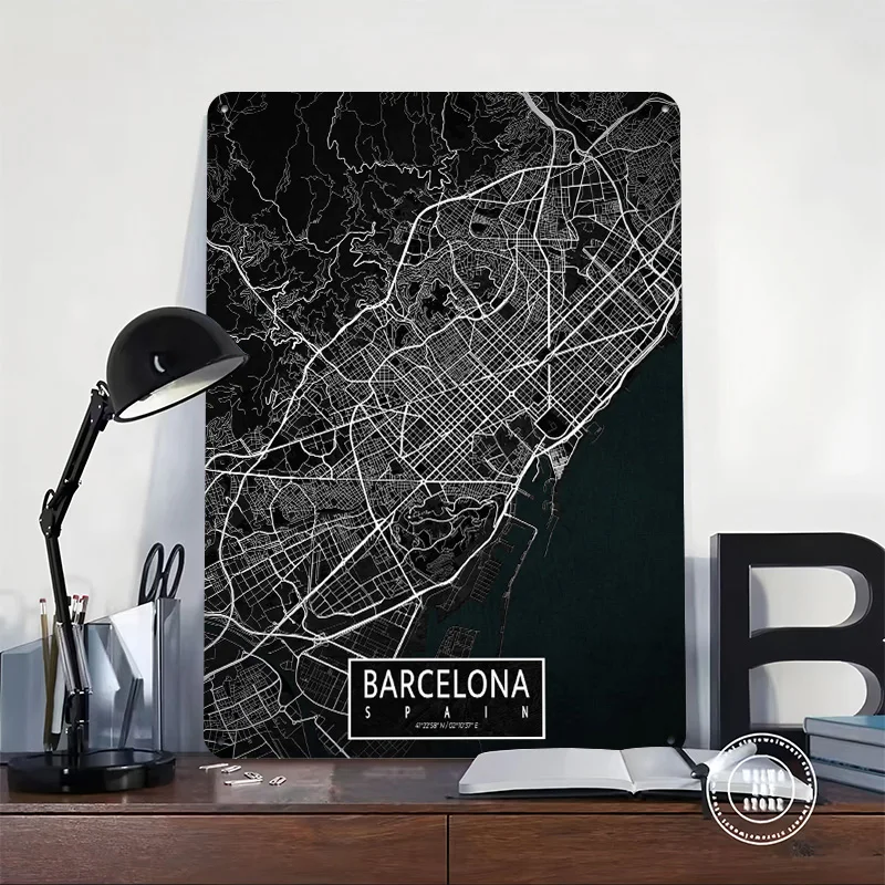 Barcelona City Map Spain Dark Personalized 3D Textured Metal Poster Wall Art Tinplate Sign for Home Decoration Gaming Wand Deko