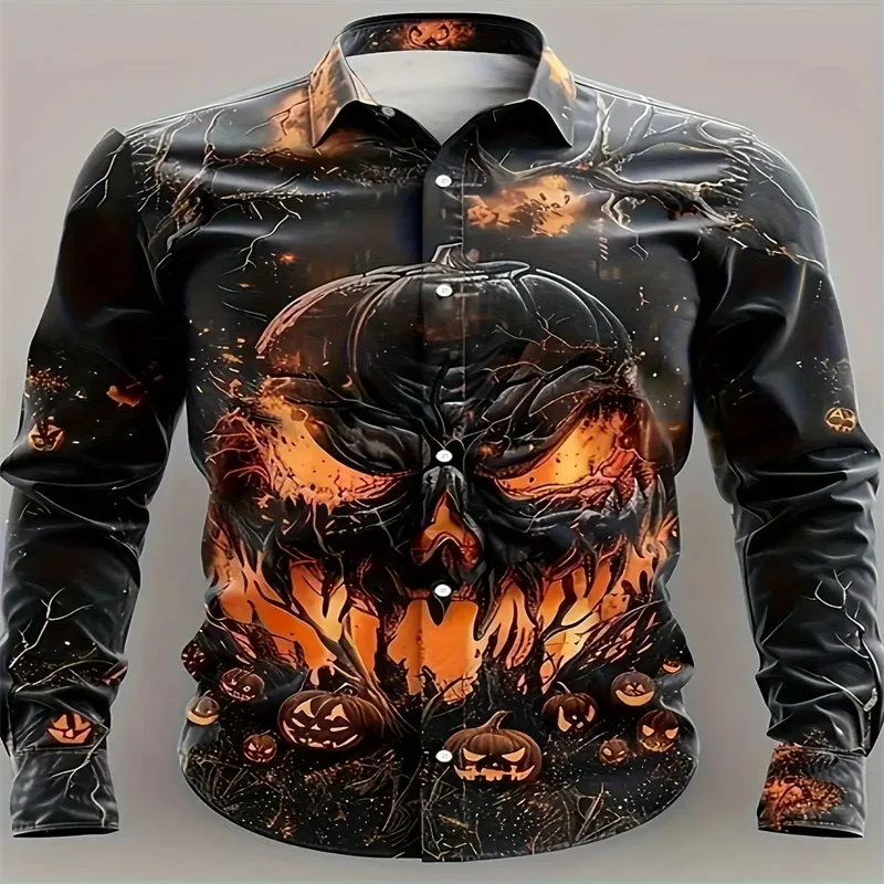 Men's 3D Skull and Rose Printed Long Sleeve Shirt - Casual, Suitable for Weekend Casual Wear, Autumn/Winter, Halloween