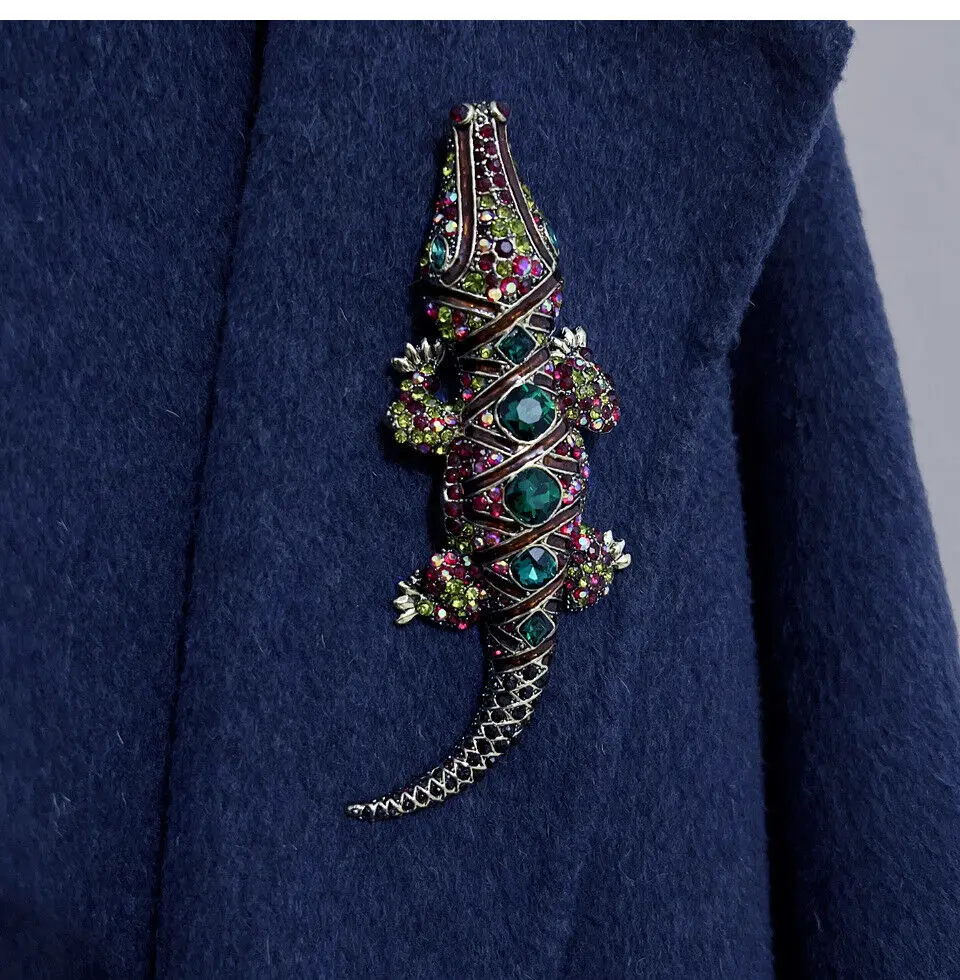 Vintage Multi-color Crocodile Animal Men Pendant Brooch Pin Rhinestone Crystal Classic Animal Fish Brooch Pins Gifts