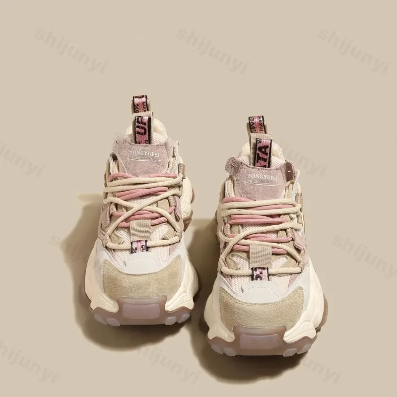 Women's Chunky Sneakers Comfortable Round Toe Breathable Mesh Platform Shoes Fashion Color Blocking Lightweight Vulcanize Shoes