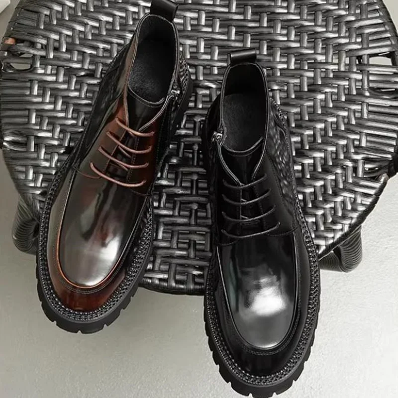 Winter Patent Leather Men's Boots Luxury 5cm Rubber Foam Thick-soled Height-increasing Shoes For Men High-top Men Leather Shoes