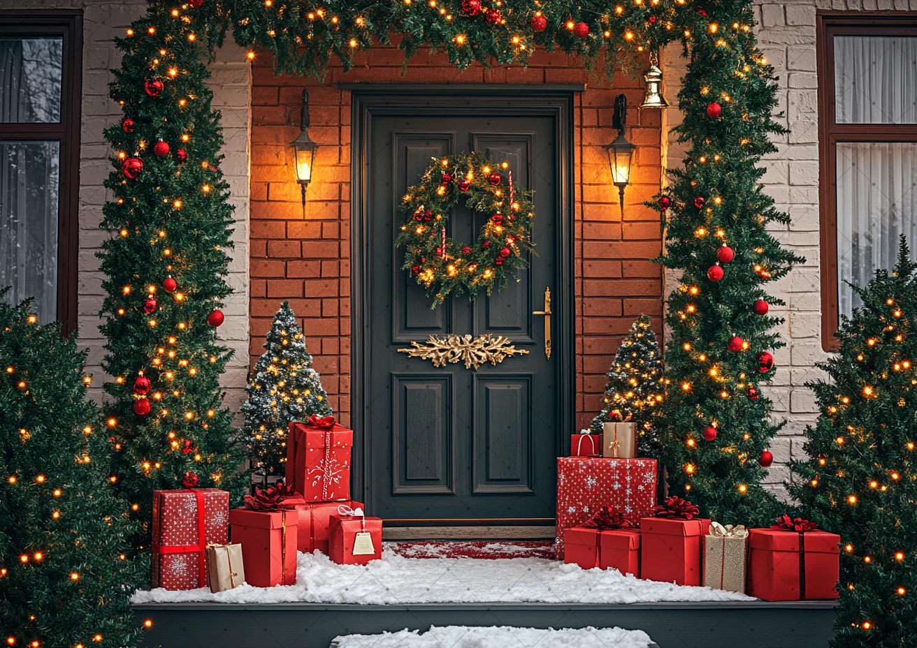 Winter Kerst Fotografie Achtergronden Prachtige Deur Kerstboom Vakantie Party Volwassenen Kinderen Foto Achtergronden Studio