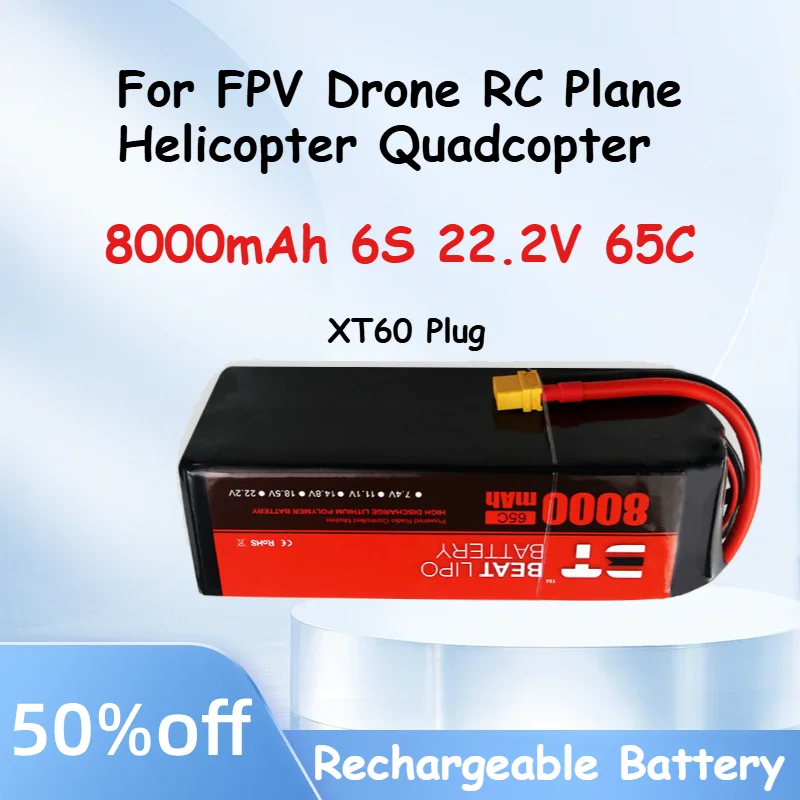 8000mAh 6S 22.2V 65C Lipo Rechargeable Battery RC Lithium Polymer Battery XT60 Plug For FPV Drone RC Plane Helicopter Quadcopter