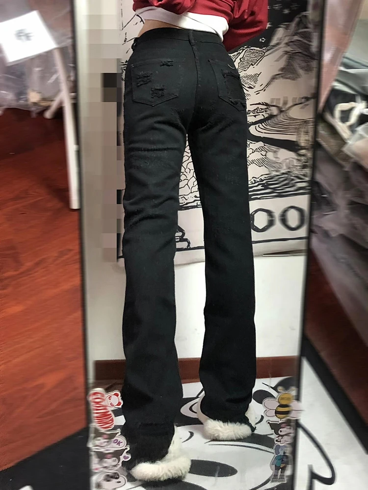 PBAP Destroyed Frauen Gerade Jeans Plus Größe Raw Edge Feste Beiläufige Taschen Cleanfit Niedrige Taille Lange Hosen Hip Hop Streetwear