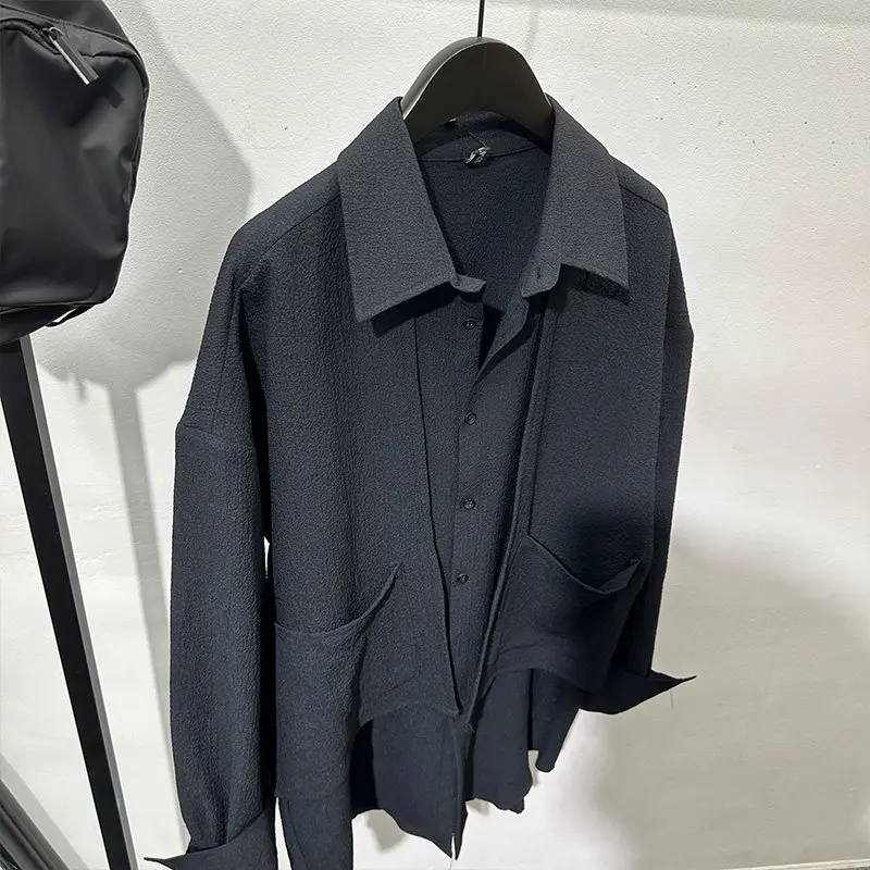 Dark Style Irregular Design Outline Fake Two Pieces Shirts Men's Long Sleeve Loose Casual Shirt High Sense Jacket