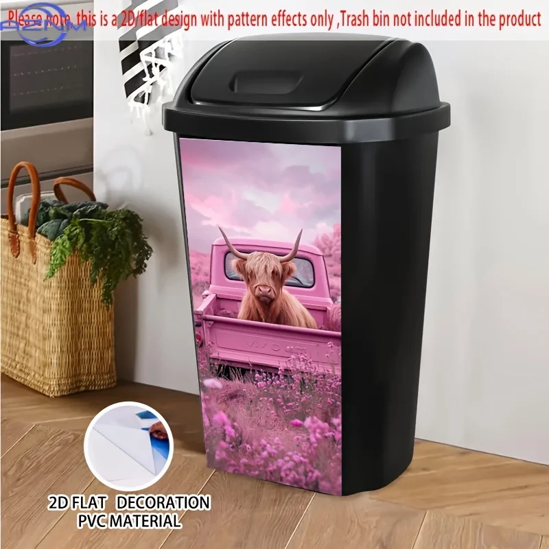 1pc UJoli Highland Cow in Pink Truck Self-Adhesive Dustbin Sticker, .01x cm PVC Decorative Sticker for Dustbins, Walls, Kitche