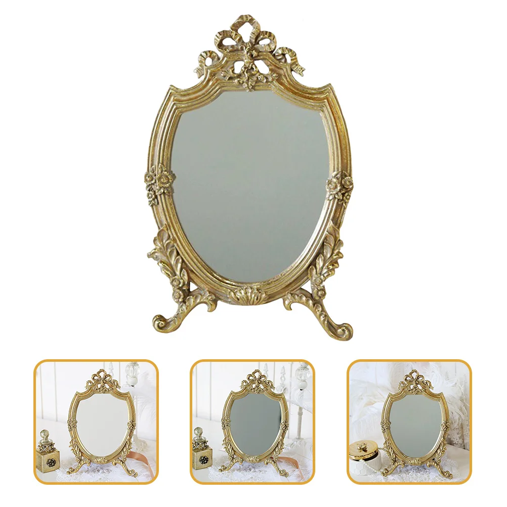 

Retro Design Makeup Mirror Desktop Resin Glass Tabletop Mirror for Bedroom Vanity Decorative Wall Hanging Use