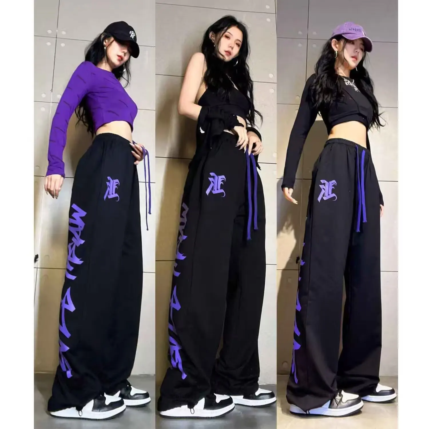 Hong Kong wind letters large size sports pants women Spring and autumn jazz dance pants high waist straight leg loose leg pants