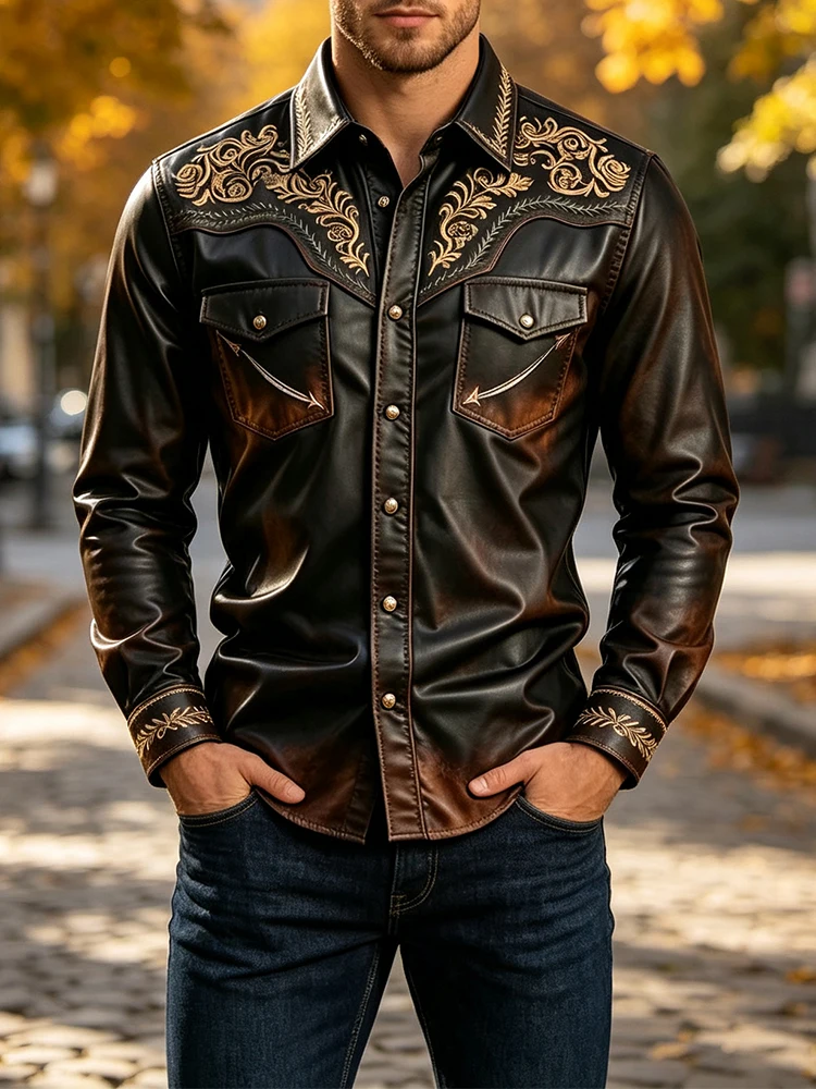 Fashion Men Long Sleeve Leather Shirt 2026 Autumn Vintage Washed Embroidery Turn-down Collar Daily Casual Mens Stylish Tops Men