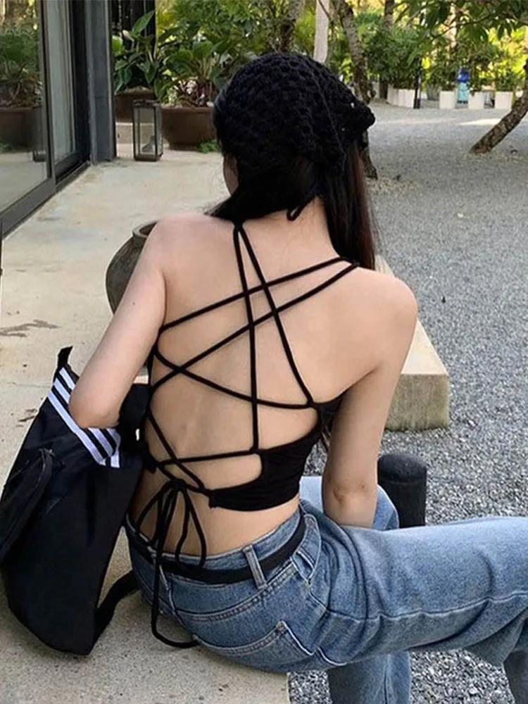 

Y2K Backless Crop Top Women's Sleeveless Sexy Cute Black Vest Tank Top Summer Fashion 2000s Style Female Clothing