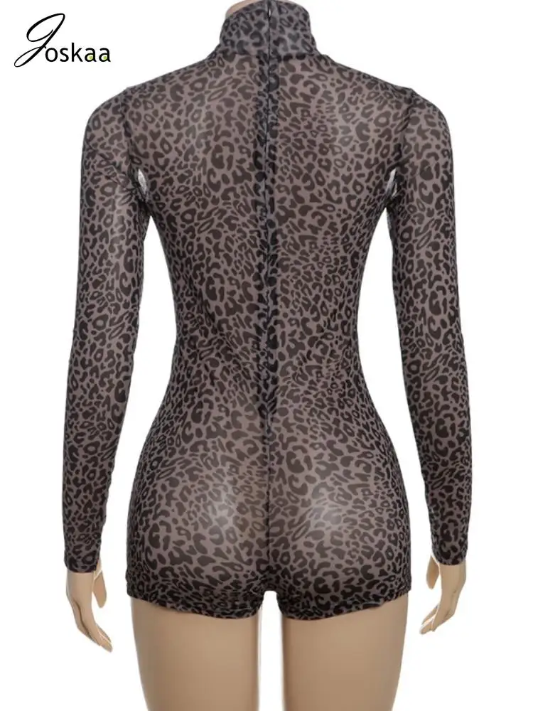 Joskaa 2025, Sommer-Damen-Playsuits mit Leopardenmuster, Netzstoff, sexy Stehkragen, volle Ärmel, Reißverschluss hinten, figurbetonter Strampler, Y2K-Streetwear