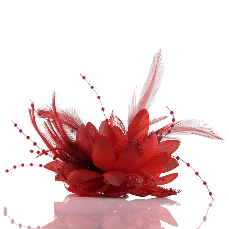 Maia Feather Floral Brooch and Hairclip for Wedding / Party Elegant Feather Flower Brooch Lapel Pin Shawl Scarf Badge Red Black