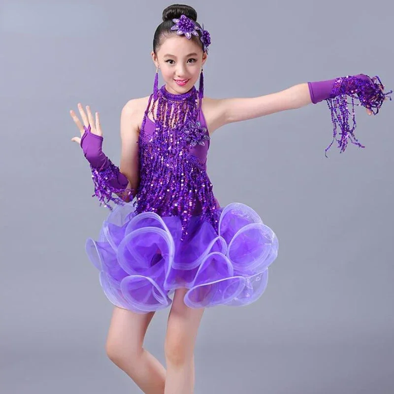 Vestido de dança latina com borla infantil, fantasia de performance de palco para meninas, tango, competição de rumba, roupa de dança de salão