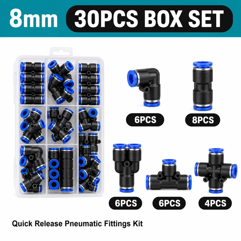 Pneumatisches Steckverbindungs-Set 4 6 8 10 12mm Luftschlauch Schnellverschluss-Verbinder Gerade Winkel T-Stück Y-Kreuz Aufbewahrungsbox