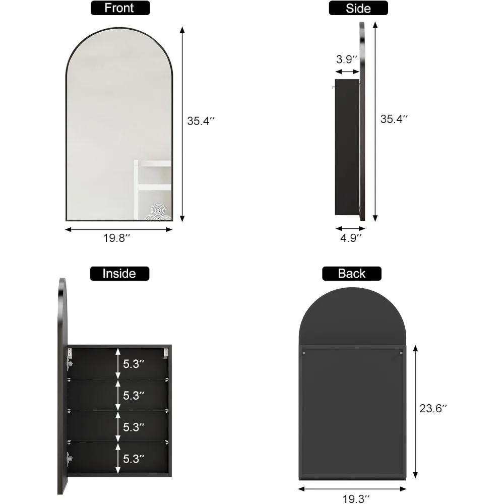 Bathroom cabinet, metal framed black medicine cabinet, bathroom mirror cabinet, non embedded, 20 x 36 inch bathroom cabinet