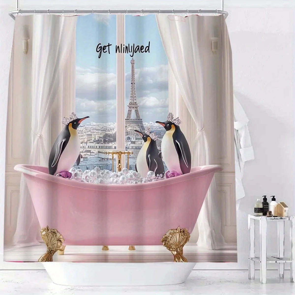 

1pc Adorable Penguin Shower Curtain with Cartoon Illustration, Pink Background & Bathtub Scene, Polyester Fabric, Includes