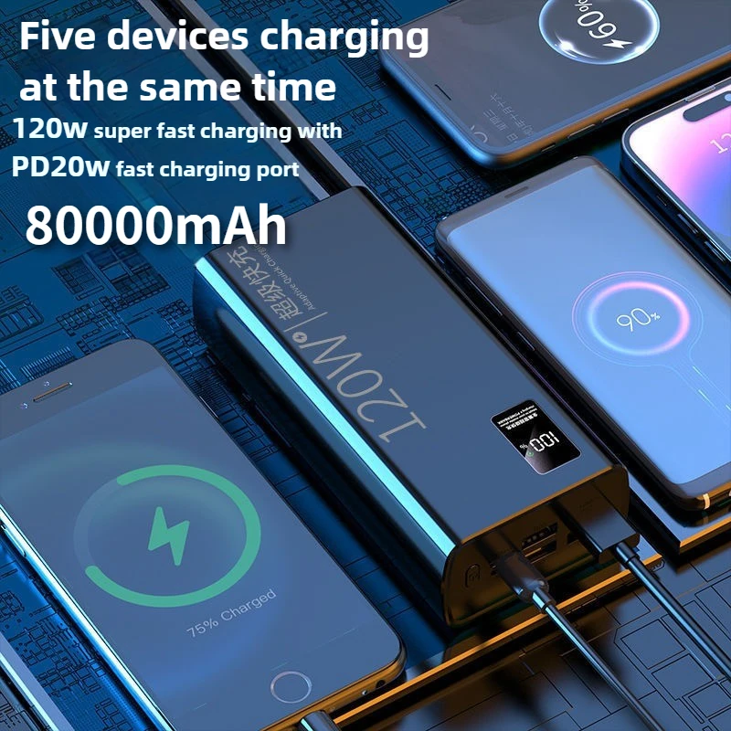 

Блок питания большой емкости 80000 мАч, быстрая зарядка 120 Вт, подходит для различных моделей мобильных телефонов, аварийное резервное питание