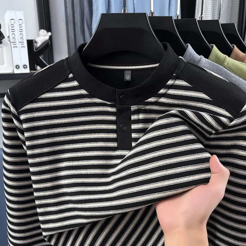 Men's Long Sleeve Henley Shirt Striped Top Color Block Shoulder Button Placket Deer Velvet Thermal Warm Autumn Winter Base Layer