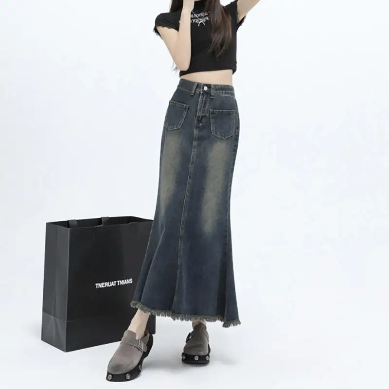 

Джинсовая юбка миди А-силуэта с высокой талией для женщин, весна-осень, новая коллекция, корейский стиль, универсальная, стройнящая, удлиняющая силуэт