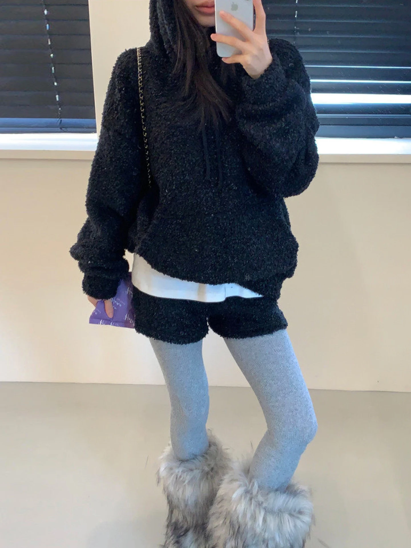 패셔너블한 루즈핏 양털 스웨트셔츠 재킷과 하이웨이스트 팬츠 여성용 가을 겨울 두꺼운 따뜻한 투피스 세트