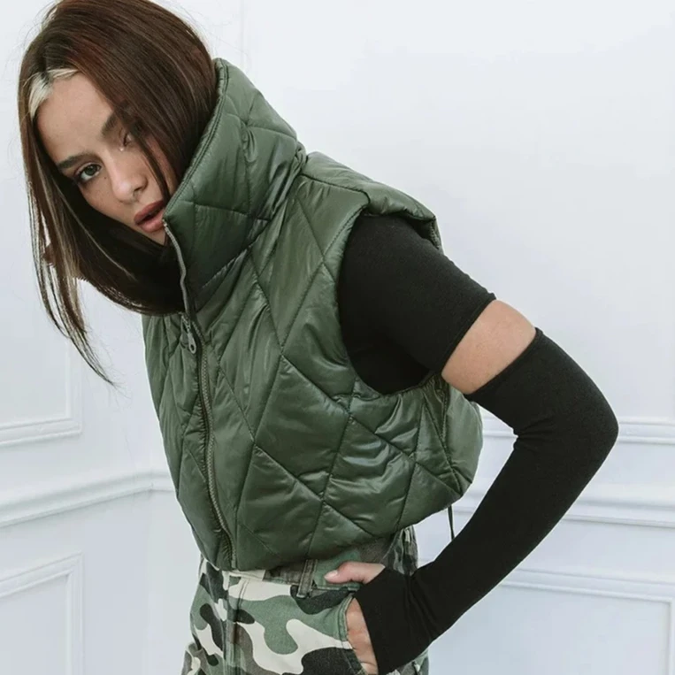 Cardigan da donna autunno/inverno tinta unita colletto alla coreana scozzese con cerniera cardigan con coulisse pancia scoperta gilet imbottito in cotone