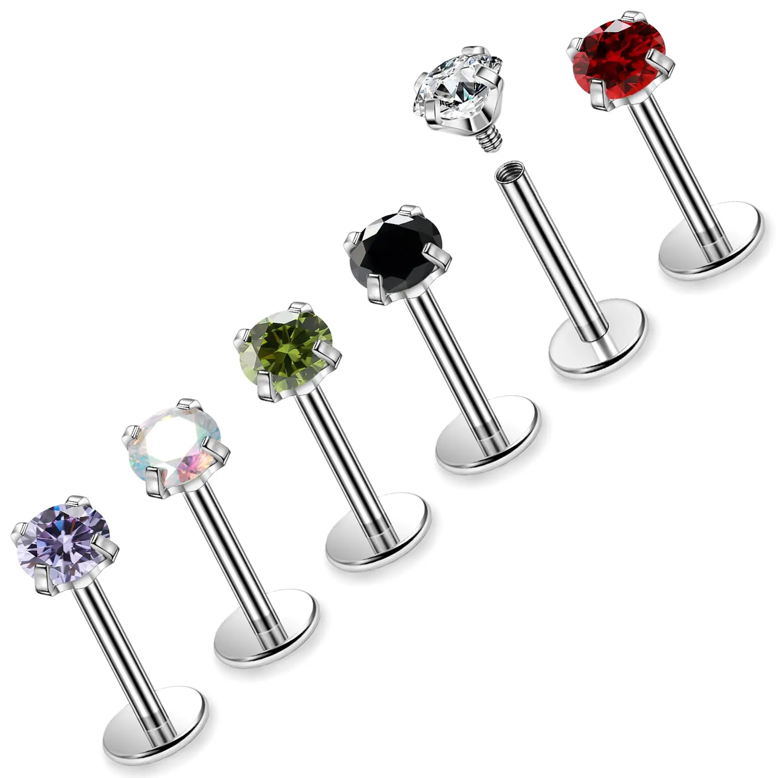 6pcs 16G Surgical Steel Internal Thread Flat Back Lip Rings Labret Helix Tragus Cartilage Earring Stud Piercing Jewelry 6-12mm