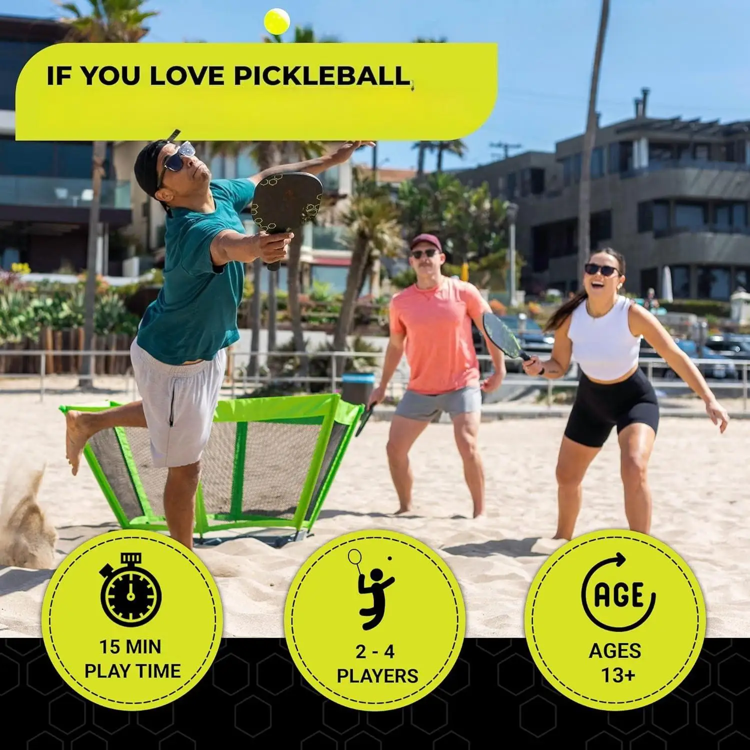 لعبة ساحة H-Pickleball - الشاطئ، الفناء الخلفي، الباب الخلفي والحديقة، الأنشطة الخارجية للبالغين والأسرة - سهلة التجميع