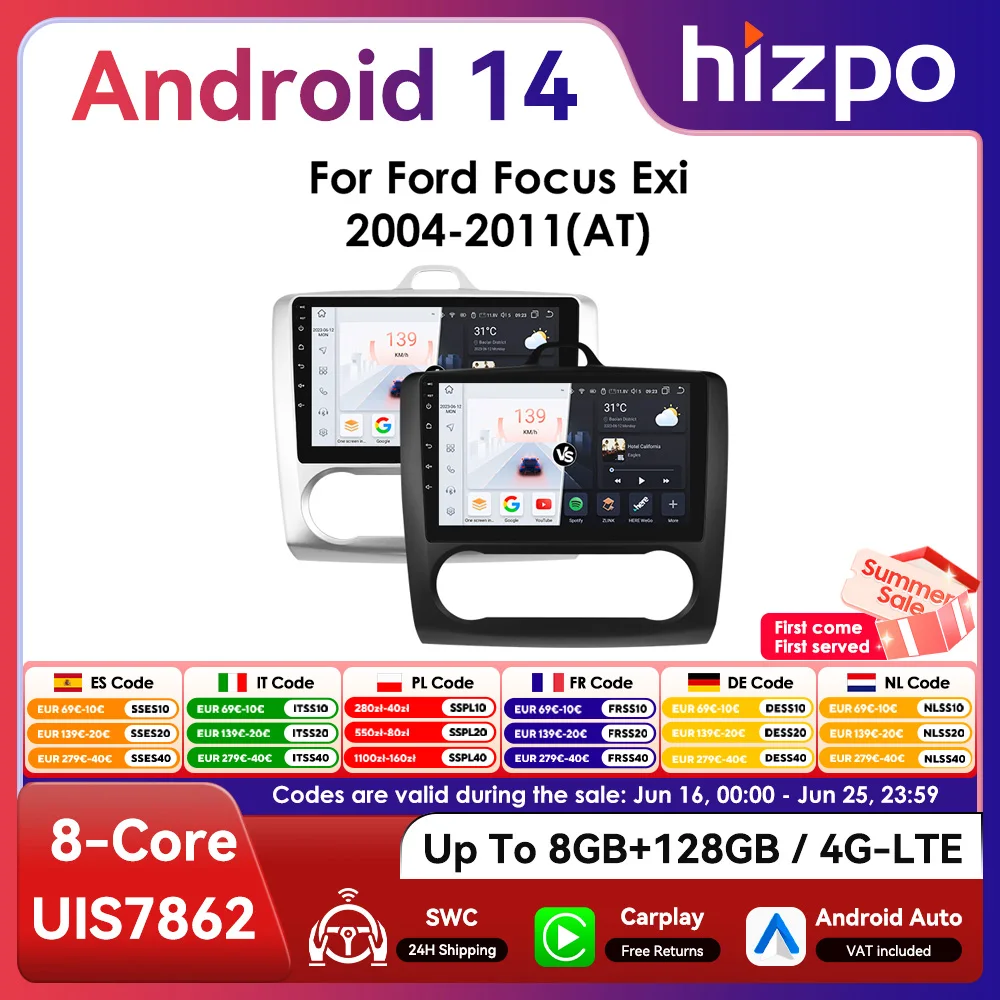 9" Hizpo 2Din Android Car Radio for Ford Focus 2 Mk2 2004 - 2011 GPS Navigation BT 4G RDS DSP SWC CarPlay UI7862 Headunit