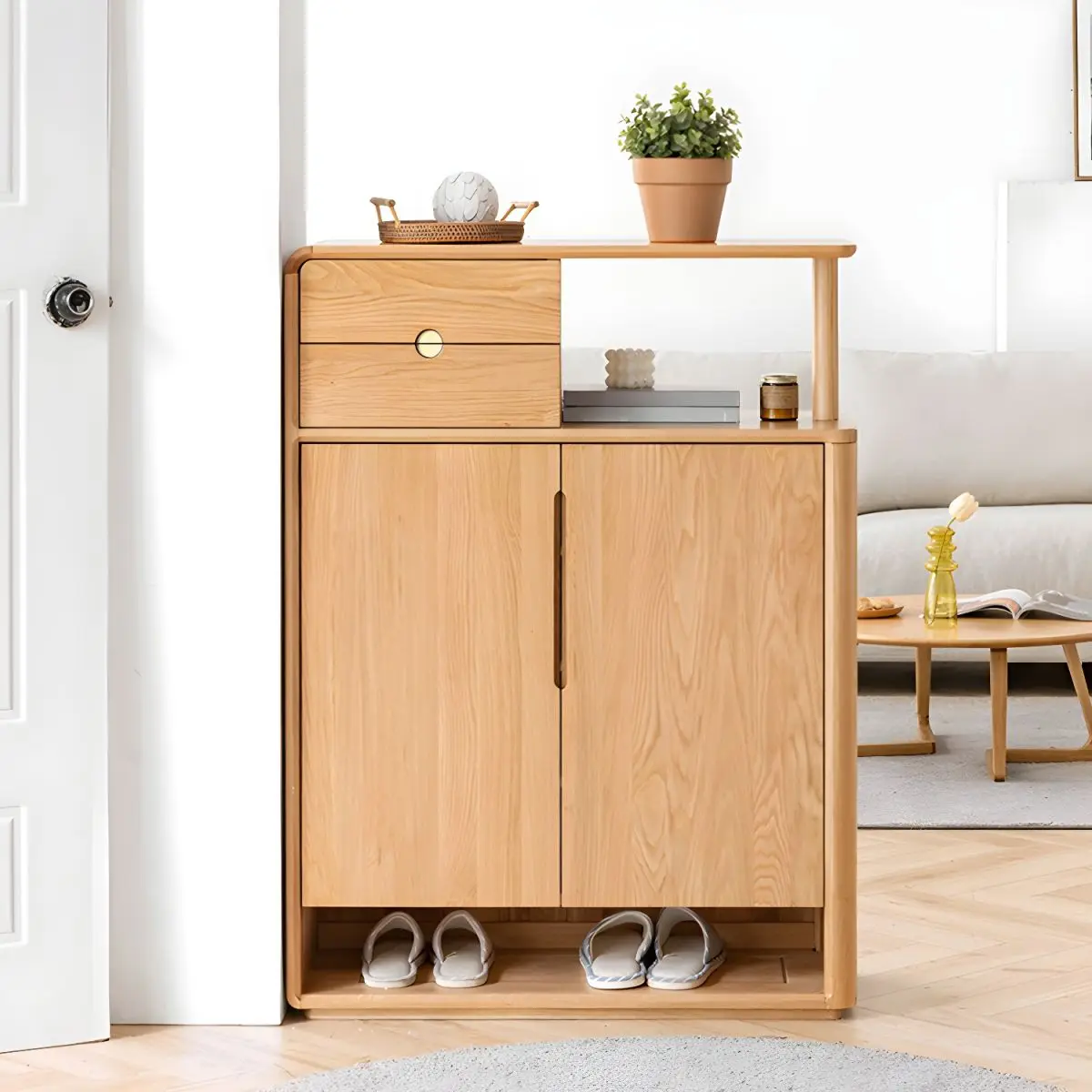 xx-Moderner Holz-Schuhschrank mit 2 Schubladen, 2 Türen, 4 Innenregalen, hohlem Boden und geschwungenen Kanten, Holz-Schuhregal für das Wohnzimmer*