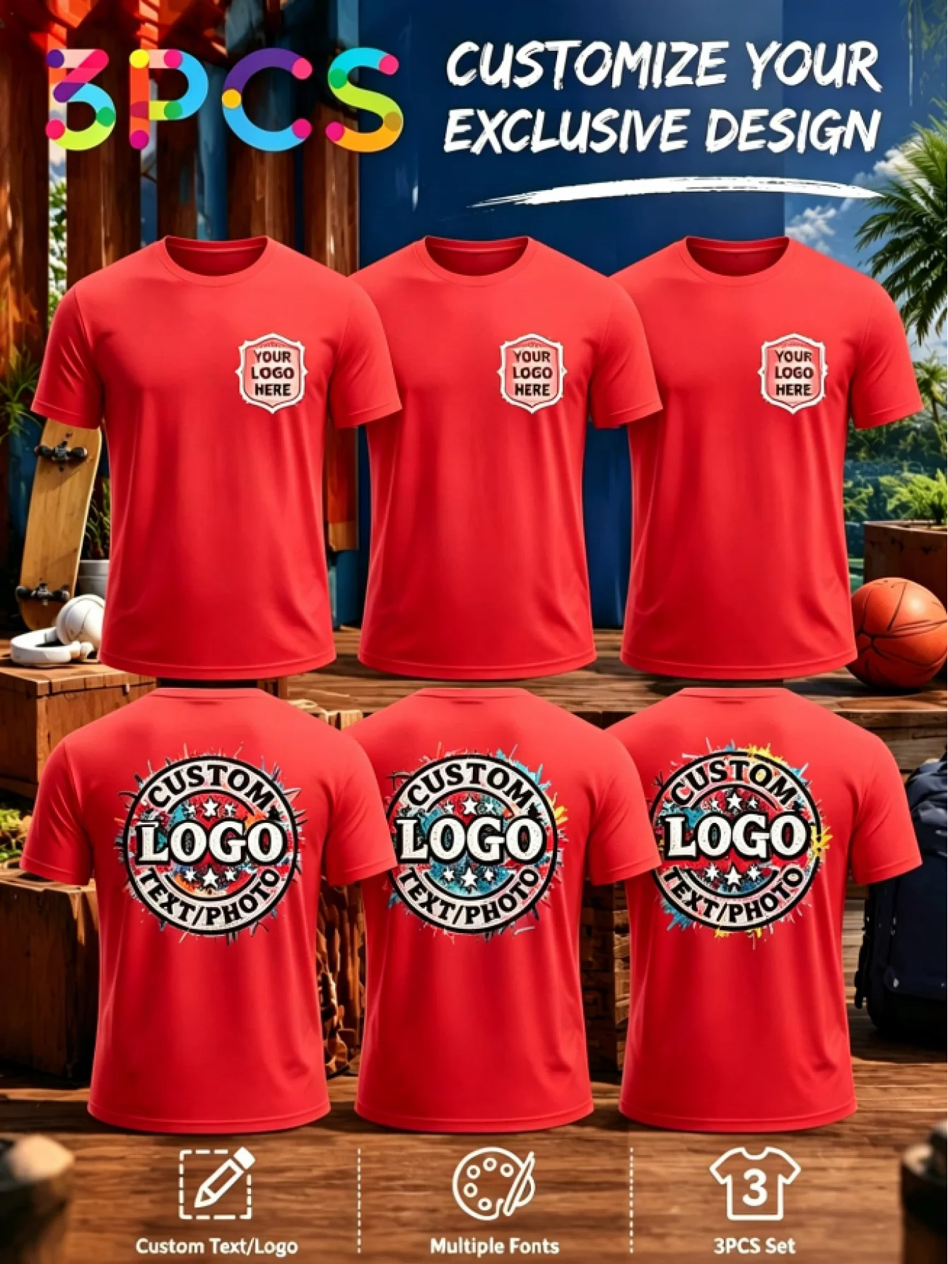 Custom 3pcs Men's Short-Sleeve T-Shirt Set with Self-Defined Logo Print on Chest/Back. Ideal as a Men's Gift