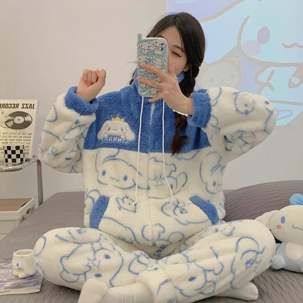 Kawaii 2Pcs Kuromi Cinnamoroll Pajama Set Winter Plush Thicken Home Clothes Sanrioed Anime Cartoon Warm Student Girl Cute Sweet