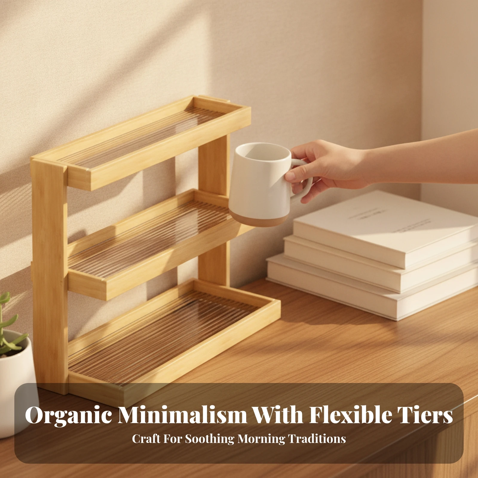 Cup Rack with Bamboo Frame Multipurpose Storage Display Shelf with Acrylic Panels Coffee Bar Shelf No-Drill view 3
