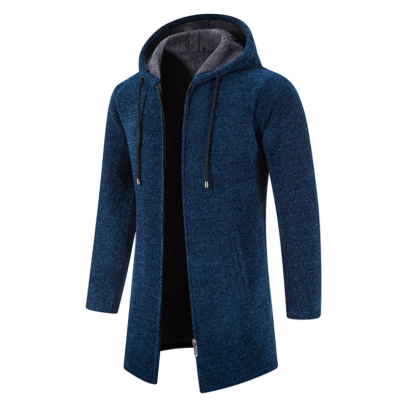 Winter Men\'s Mid To Long Length Jacket with Thick Fleece Hooded Sweater Cardigan Casual Versatile Warm Knit Jacket Windbreaker