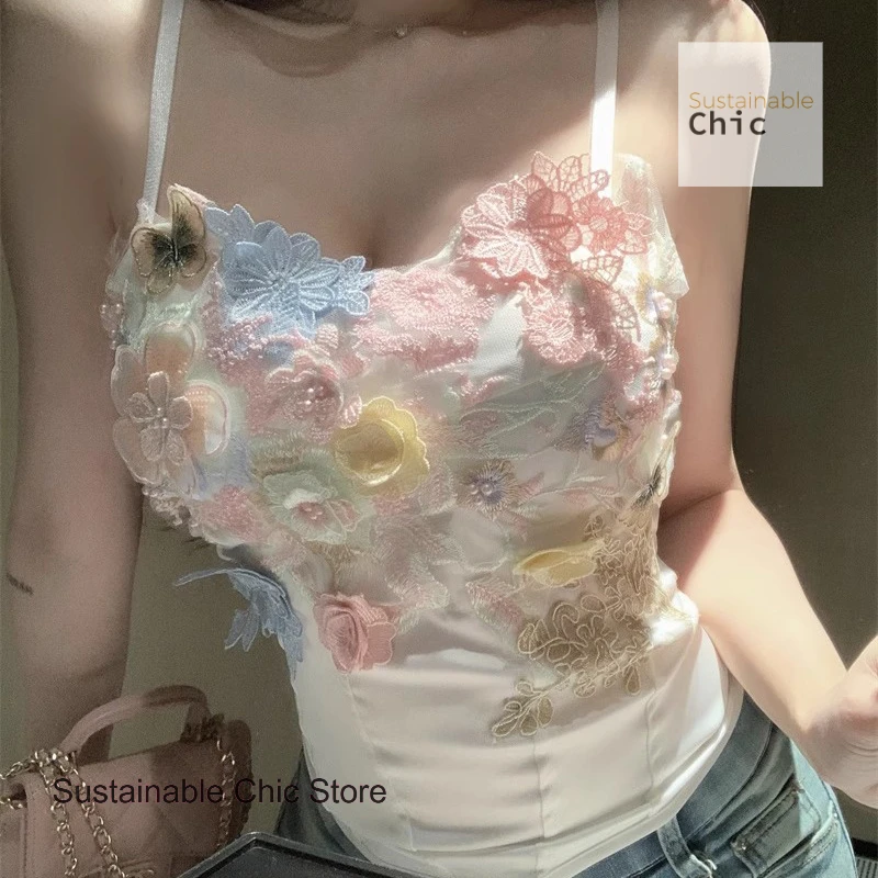 

French white dopamine three-dimensional flower satin slim camisole female summer new temperament beautiful sexy tube top.