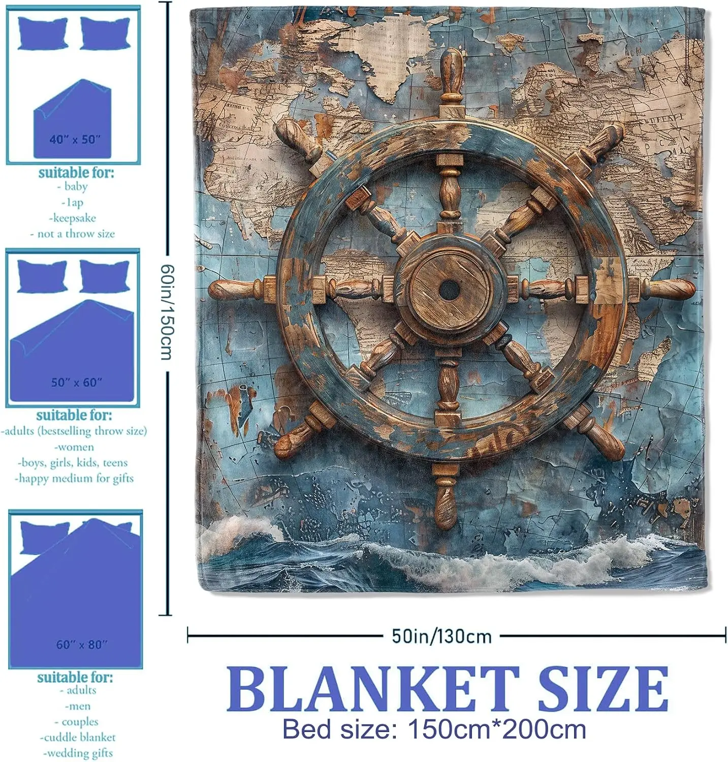 Vintage Worn Wooden Ship Wheel Old World Map Ocean Wave Print Soft Flannel Blanket Nautical Retro Throw for Sofa Bedroom Home