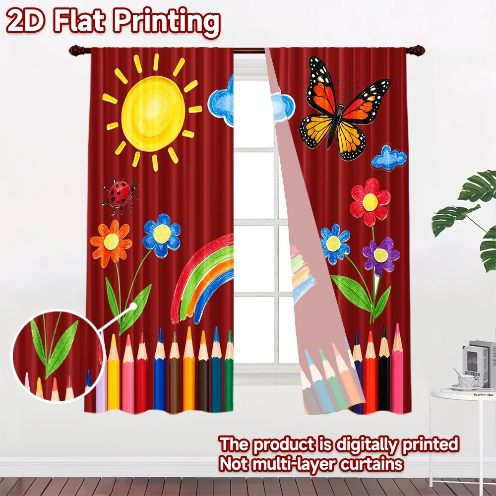 2D flat 2pcs Curtain French Romantic Style Curtains Spring Butterfly Flower Drawing Digitally printed polyester, colorfast