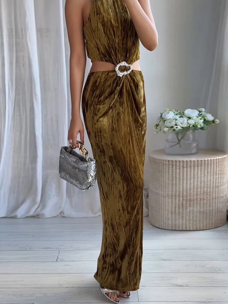 Robe de Banquet d'été sans manches, dos nu, tempérament de luxe, taille haute, robe de soirée, mode, Sexy, ajourée, col licou