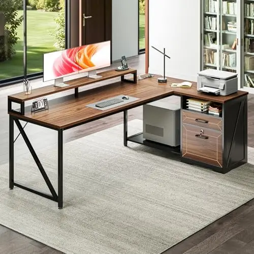 L Shaped Desk with Wooden Drawers & Locking File Cabinet, 61 Inch Large Executive Desk with Power Outlet, Led Computer