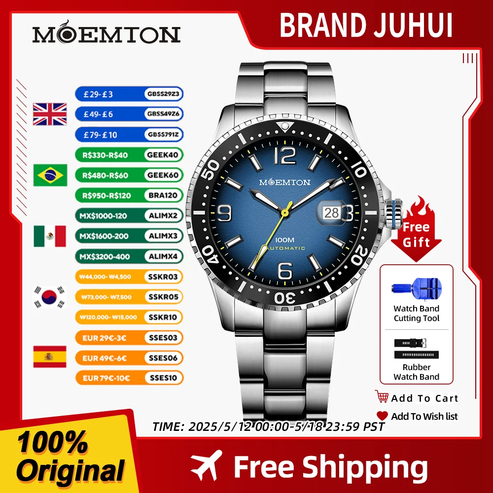 MOEMTON  Men Mechanical watch Luminous Sapphire Steel strip 10bar Waterproof diving sports watch Japanese movement Wristwatch