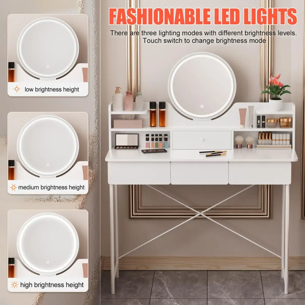 Makeup Vanity Desk with 3 Modes LED Lighted Mirror, Vanity Table with 4 Drawers and Opening Shelves, Bedroom Dressing Table
