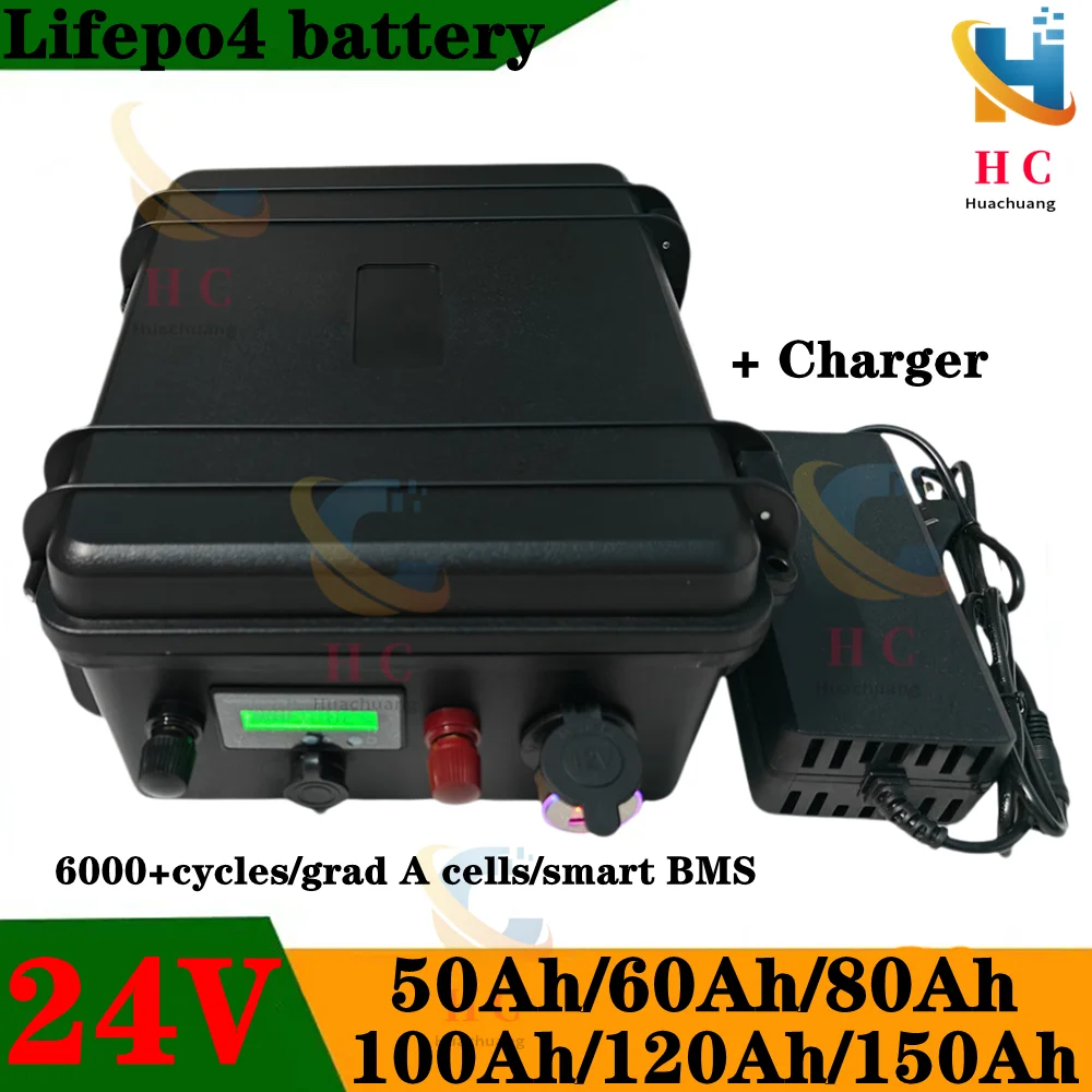 24V 50Ah 60Ah 80Ah 100Ah 120Ah 150Ah Lifepo4 battery for trolling motor boat back up power+10A Charger