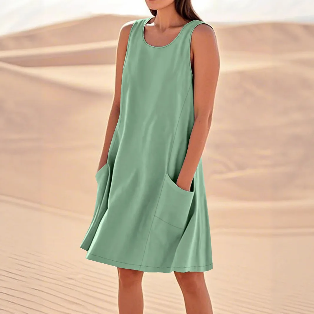 여성 느슨한 빈티지 프릴 Befree 드레스 섹시한 포켓 여름 조끼 탱크 Boho 캐주얼 휴일 파티 우아한 미디 드레스