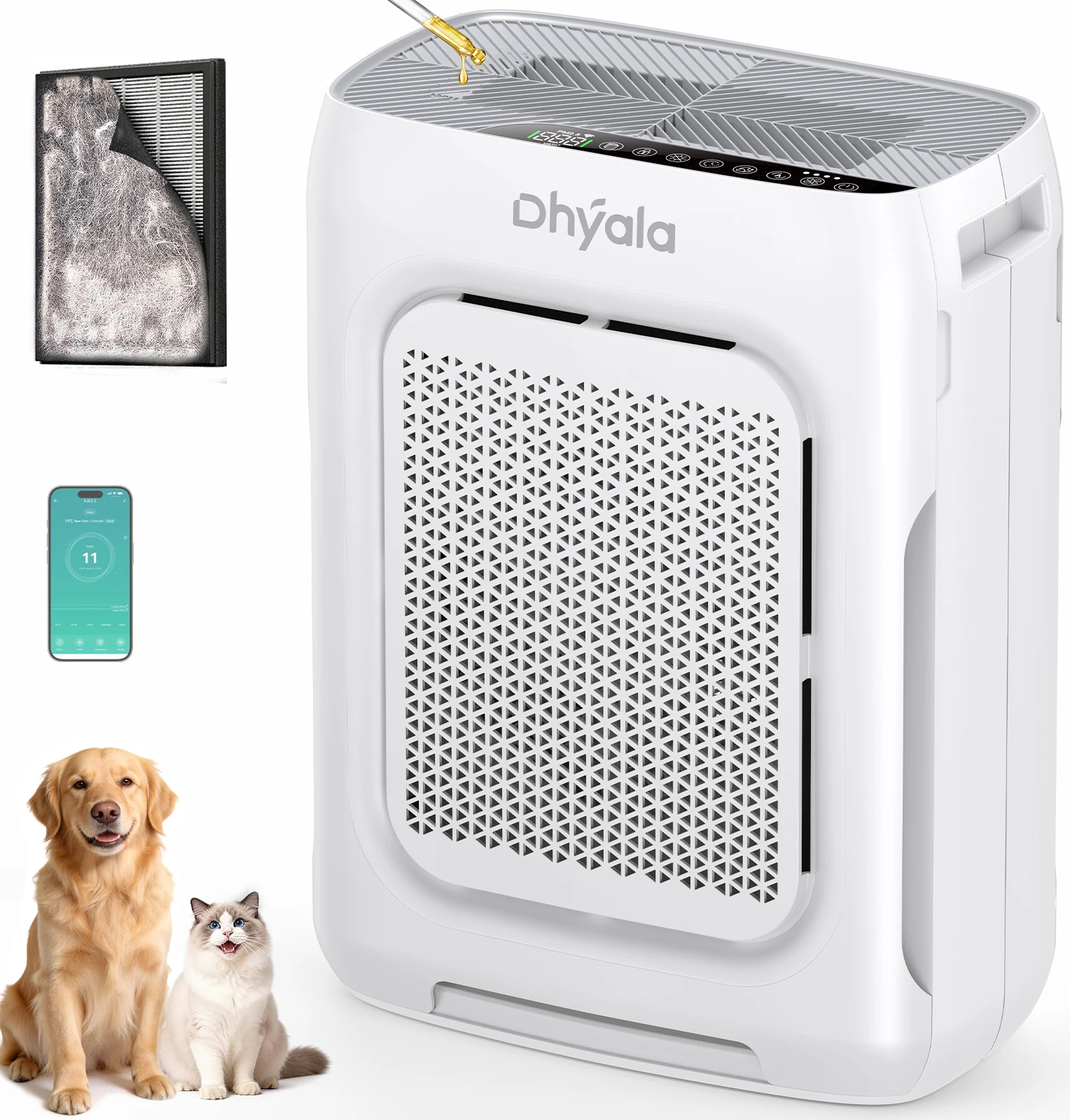 Dhyala Purificador de Aire para Hogar, para dormitorio, polvo, mascotas, humo etc., hasta 3000 pies², filtro H13 HEPA con prefiltro lavable, sensor calidad aire, aromaterapia, bloqueo infantil