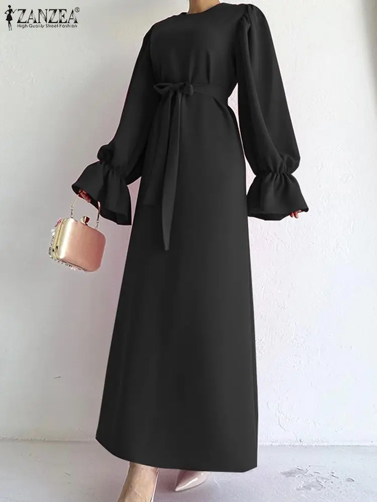 ZANZEA 2023 Autumn Long Sleeve Vestidos Women Maxi Long Dresses Fashion Vintage Belted Ruffled Cuff Dress Casual Plus Size Robe