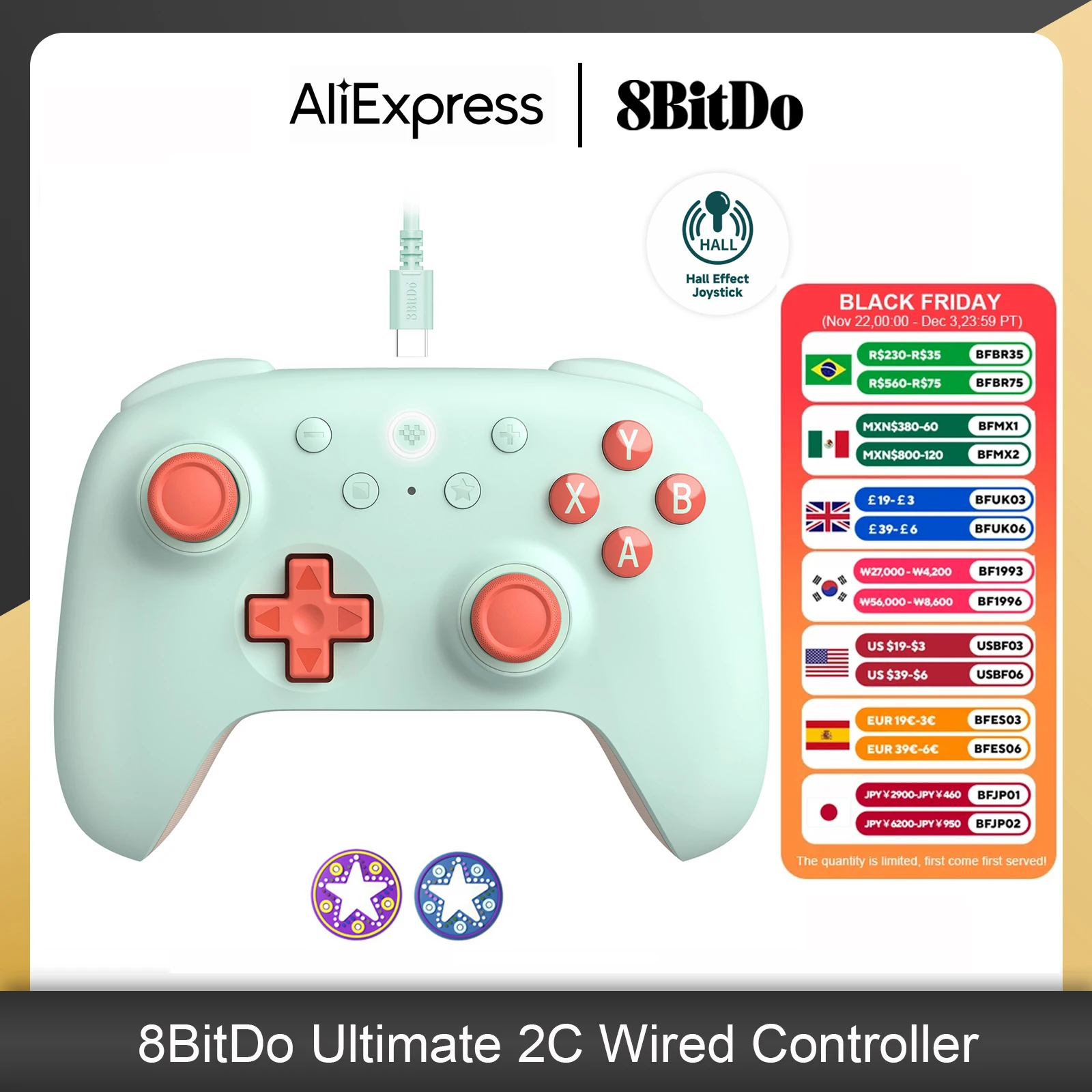 8BitDo Ultimate 2C Wired Gaming Controller Gamepad with Hall Effect Joystick Tiggers for Windows and Android Accesssories